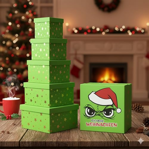KAMACA 6er Set Geschenkboxen Festtags Muffel Freche Boxen zum Verschenken und Aufbewahren Aufbewahrungsboxen aus stabilem Karton Dekoboxen für Geschenke Deko Weihnachten (Ich hasse Weihnachten)