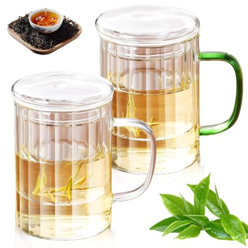 Leikurvo Teetasse mit Deckel und Sieb, 2 Stück 400ml Teeglas, Hitzebeständiges Teeglas mit Farbgriffen aus Borosilikat Glas (Transparent Griff + Grün Griff)