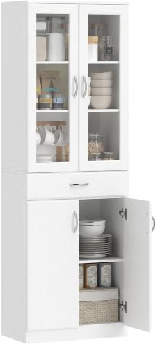 HOMCOM Alacena de Cocina con Puertas de Vidrio Cajón Blanco 60x35x180 cm | Mueble Auxiliar de Cocina, Estantes Ajustables, para Comedor, Salón
