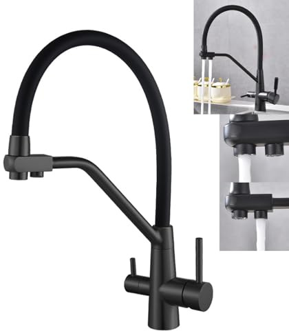 VANOXA Grifo de Cocina 3 Vías para Ósmosis Negro Satinado | Agua fría, caliente y filtrada | Canal independiente | Latón macizo | Giro 360° | Compatible con ósmosis