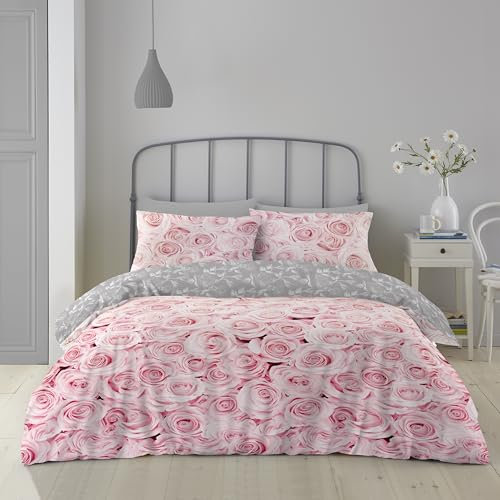 GC GAVENO CAVAILIA Peony Flowers Bellerose King Duvet Set Pink Bedding, 3 Piece Cotton Blend Reversible Floral Bedlinen, Easy Care Bedset, 1 Quilt Cover + 2 Pillow Cases