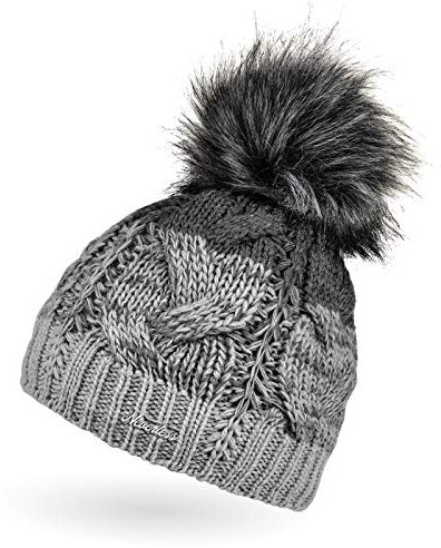Neverless® Damen Strick-Mütze gefüttert Fleece-Innenfutter Fell-Bommel Kunstfell Winter-Mütze Bommelmütze Zopfmuster Mehrfarbig hellgrau-dunkelgrau