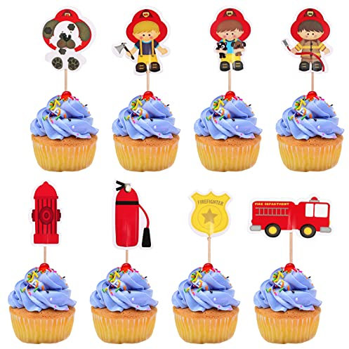 Amosfun 24 StüCk Feuerwehr Cake Topper - Tortendeko FüR Kindergeburtstage, Feuerwehrmann Und Feuerwehrauto Designs FüR Festliche Torten