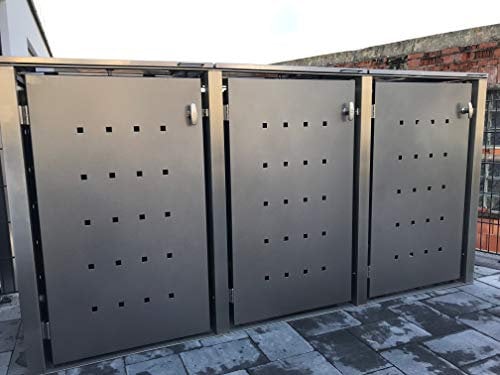 KIRCHBERGER METALL Mülltonnenbox Universal 240 Liter und 120 Liter Edelstahl grau anthrazit 3er Box mit Befestigungsset (Standard Griff)