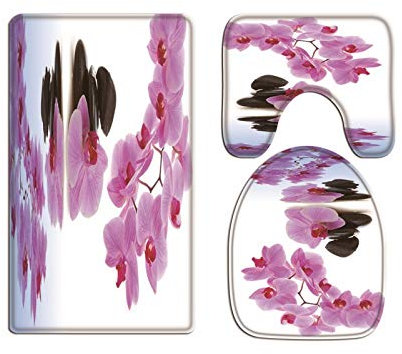 A.Monamour Badezimmer Badematte 3 Teilig Set Zen Black Spa Massage Steine Orchidee Blumenwasser Natur Flanell WC Toilette Deckel Deckt Bad Matte Teppich Badteppiche Badvorleger Badgarnitur Vorleger