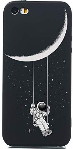 Nodigo Kompatibel mit iPhone 5/5s/SE 2016 Hülle Silikon Schwarz Lustig Muster Ultra Dünn Matt Hüllen Handyhülle Ultra Dünn Kreativ Motiv Gummi Cover Bumper TPU Case - Astronaut Mond