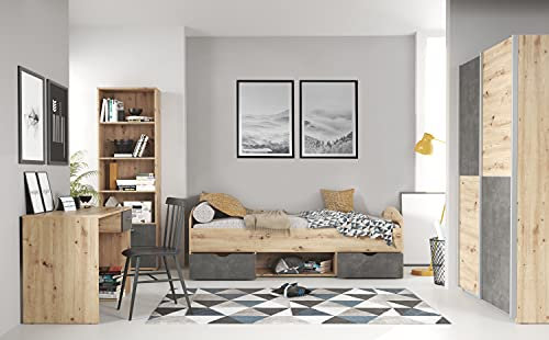 möbel-direkt Jugendzimmer Lupo 7 teilig in Artisan Oak und Dark Grey komplett von Forte mit Schwebetürenschrank mit zusätzlichen Einlegeböden, Jugendbett, Schreibtisch und Regal