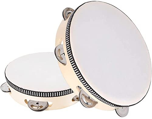 2 Stück Tambourine, Handtrommel Percussion, Tambourin Percussion, Holz Handtrommel für Kinder, Holz Handheld Tamburin, mit Jingles, für Party, Spiele, Schule, Erwachsene(6 Zoll und 8 Zoll)