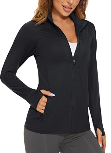 MAGCOMSEN Women's UPF 50+ Lightweight Athletic Jacket Sun Protection Full Zip Long Sleeve Shirts Hiking Outdoor Pockets Black L