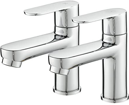 Maynosi Bathroom Basin Pillar Taps, 1/2 C Pair Sink Mixer Taps, 1/4 Turn Cloakroom Twin Faucets, 2 PCS Modern Round Style Taps, Solid Brass, Chrome Plated