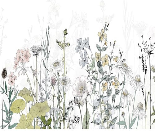 decomonkey - Papier Peint Panoramique Adhésif Fleurs 392x280 cm - Stickers Muraux Autocollant - Gris vert - Fleurs fraîches couleurs de la nature tendances plantes fleurs prairie champs colorés
