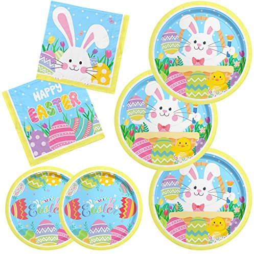 Easter Party Supplies Kit, Easter Rabbit Disposable Dinnerware Includes, Paper Dinner Plates, Dessert Plates and Napkins for Easter party Decorations, Serve 50