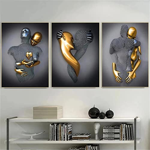 EXQULEG 3er Kunst Modern Poster Set - 3D Grau Gold Metallfigur Statue Kunst Liebe Herz Umarmungen Kuss Bilder Wandkunst Deko - Ohne Rahmen - Wanddeko Wand Wohnzimmer Wanddekoration Deko (21x30cm)