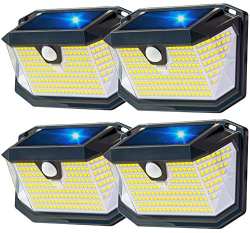 LEIORIO Solarlampe für Außen, 202LED 270 ° Solarleuchte für Außen,3 Modi Aussenleuchte mit Bewegungsmelder, IP65 Wasserdichte Solar Wandleuchte für Wand Post Pathway Garten (4 Stück)