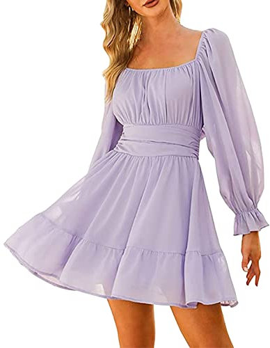 Kleid Langarm Damen Chiffonkleid Quadratischer-Ausschnitt Minikleid Plissee Rüschen Rückenfreies Kleider Festlich Elegant Puffärmel Slim Fit A Linien Midikleid Partykleid