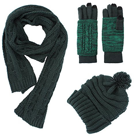 Mütze Handschuhe Schal Set Frauen, Geschenke für Frauen Winter Warme Strickmütze Touchscreen Handschuhe Langer Schal 3PCS Set, Grün , stretchable