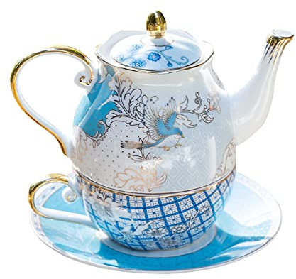 ACMLIFE Tea for One Teapot and Cup Set, Bone China Tea Set for One, Tea Gift Sets for Women, Blue Vintage Floral Teapot and Saucer Set, Gold Porcelain Luxery Tea Pot Set Gift for Women (Light blue)