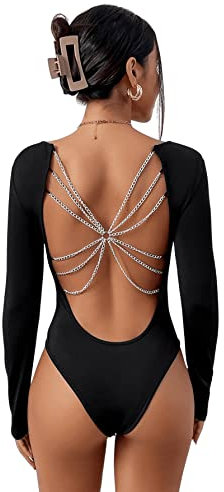 GORGLITTER Body Damen Elegant Bodysuit Rückenfrei Bodys Langarm Festival Bodysuits mit Kette Rave Outfit Oberteil Schwarz XS