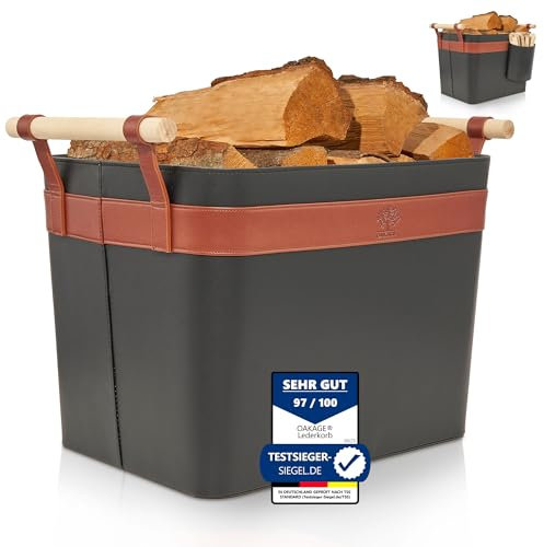 OAKAGE® Holzkorb für Kaminholz Groß aus veganem Leder Kaminholzkorb Feuerholzkorb Brennholzkorb Kaminkorb | Korb Single
