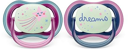 Philips AVENT Sucette ultra air - 2 sucettes légères, aérées et phosphorescentes pour bébés âgés de 6 à 18 mois, sans BPA, avec étui de transport stérilisateur, Rose/Bleu/Violet (modèle SCF376/14)