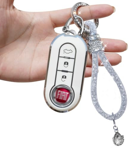 Yumzeco 3 Boutons Coque de Protection en Silicone TPU Clé de Voiture avec Lanière Brillante,Compatible avec Fiat 500 Brava Ducato Fiorino Punto Panda Qubo,Coque de Protection Sans Clé de Voiture-Blanc