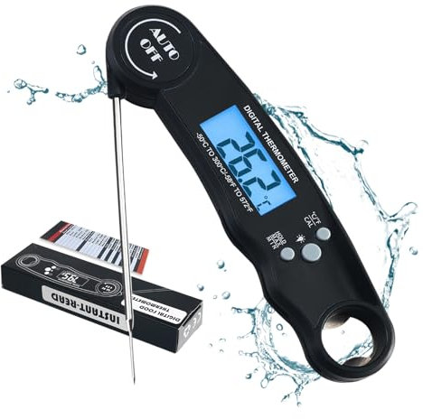 GEEKHOM Digital Meat Thermometer for Cooking, Instant Read Thermometer, Foldable Long Probe, Waterproof Calibrated with Backlight, Magnetic back, Temperature Probe for Oven, Air Fryer, BBQ (BLACK)