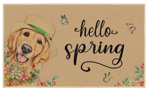 Louise Maelys Welcome Spring Door Mat 17 x 29 Inch Non Slip Rubber, Golden Retriever Dog Floral Doormat Hello Spring Summer Decor for Yard Kitchen Indoor Outside Entry Entrance