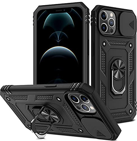 AFARER iPhone 12 Pro Max Hülle, Kameraschutz Rüstung Duale Schichte Gehäuse mit 360 Grad Ring Ständer und magnetisches Eisenblech Kompatibel mit iPhone 12 Pro Max Schwarz