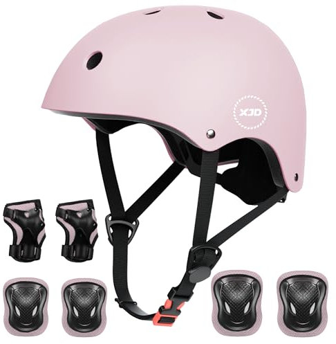 XJD Fahrradhelm Kinder Schoner Set(7er) Kinder Helm mit Knie- & Ellenbogen- & Handgelenkschützer Verstellbarer Schutz Jugend Skaterhelm für 3-13 Jahre Alt (Rosa Lila, S: 51-54 cm)