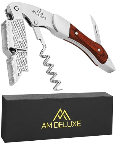 AM DELUXE Waiters Corkscrew Wine Opener - Double-Hinged Fulcrum 3-In-1 Cork Screw Wine Bottle Opener Heavy Duty Stainless Steel & Pakka Wood. Serrated Foil Cutter. Beer Opener. Magnetic Gift Box