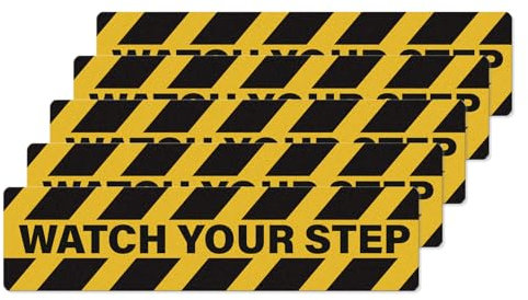 YIKIADA Watch Your Step Stickers Self Adhesive Vinyl 600 × 150 mm (23.4 × 5.85 Inch) Warning Tape Anti Slip Safety Signs Caution Wet Floor Decals for Office Workplace Home Pack of 5