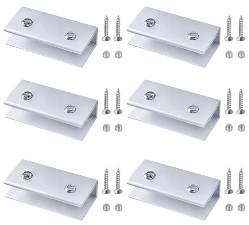 Bebochoi 6 Pezzi Supporto Vetro Morsetto, Staffa Reggimensola in Vetro Regolabile, Mensole in Vetro di Alluminio Clip di Vetro, per Vetro Spesso 8-10 mm, per Mensola da Bagno ecc (Con Viti)