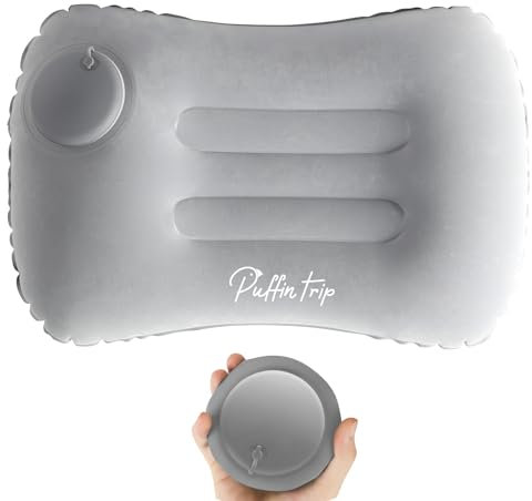 PUFFIN TRIP Ultraleichtes, aufblasbares Reisekissen, zum Aufblasen komprimierbar, ergonomische Nacken- und Lendenwirbelstütze beim Camping, Fahren, Schlafen, Grau