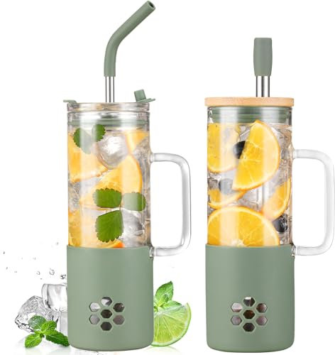 BLUEGO 600ml Glass Cups with 2 Lids and Handle, Cute Glass Tumbler with Straws and Silicone Sleeve, Iced Coffee Cup, 0.6L Smoothie Tumbler, Reusable Bubble Tea Cup,Travel Mug,Oliver