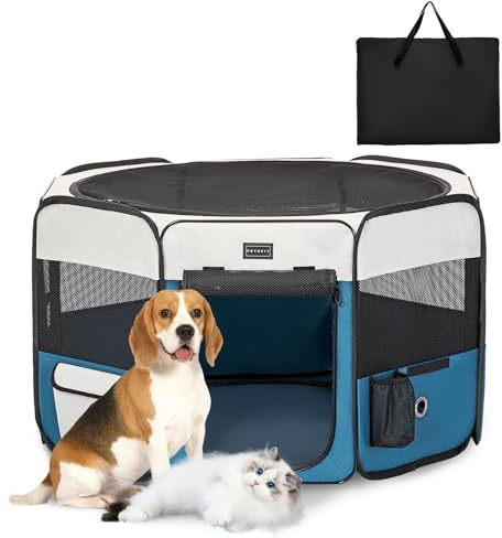 PETSFIT faltbar Welpenauslauf Tierlaufstall für Kleintiere Hunde Katzen,Hundelaufstall Freigehege mit Wasserdichter Boden,Pop-up System Kausicheres Design,Grau/Blau,92 * 84 * 53cm