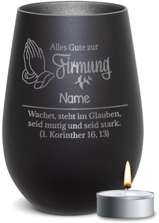 PR Print Royal Schwarzes Windlicht mit Gravur - Alles Gute zur Firmung - mit Name Personalisieren - Geschenke zur Firmung, Firmungsgeschenke | inkl. Teelicht, 450 ml, Innen Silber