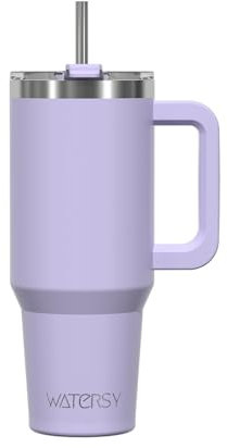 WATERSY 30oz Kaffeebecher to Go Thermobecher Doppelwandiger Edelstahl Vakuum Auslaufsicher Trinkbecher mit Griff und Strohhalm Thermal Tumbler Lila
