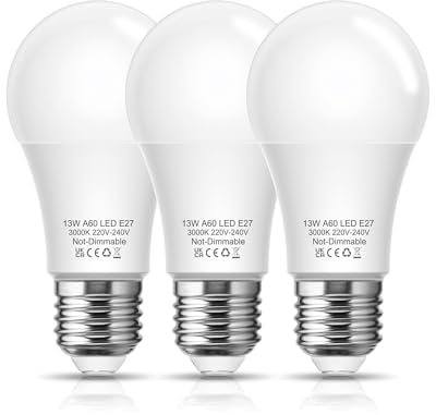 E27 Screw Bulbs 100W Equivalent, 13W 1200lm Super Bright E27 LED Bulbs, Warm White 3000K, GLS Large Screw in Light Bulbs, Non-dimmable, Pack of 3