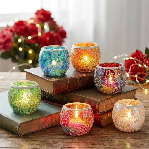 Covzoe 6 Pack Glass Votive Candle Holder, Romantic Stained Mosaic Tealight Holder, Aromatherapy Candle Lamp, Tea Light Holder Cup for Wedding Table Centerpiece, Home Decor, Christmas Party
