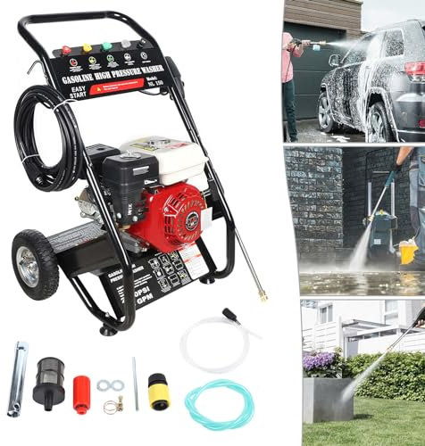 7.5HP 190 Bar Petrol Pressure Washer, Portable Wheeled High Pressure Cleaner with 5 Nozzles, for Driveway Car Patio Farm and Industrial Cleaning