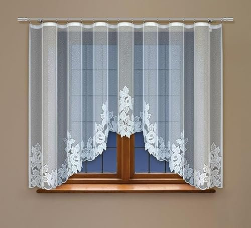 Gardinen Vorhangen Weiß 400x140 cm (BxH) Esposito Stores Gardinen mit Kräuselband Kurz Jacquard Scheibengardine Wohnzimmer Vorhänge Fertiggardine Küchengardinen Bogen Kurzstores Blumen Muster