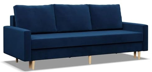 Mebligo - Sofa mit Schlaffunktion und Bettkasten Blank, 3 Sitzer Sofa 212 cm Breit, Schlafsofa mit Bonellfederkern im Sitz, Ausziehbares Couch auf Holzfüßen, Sofa Wohnzimmer - Sofa Blau