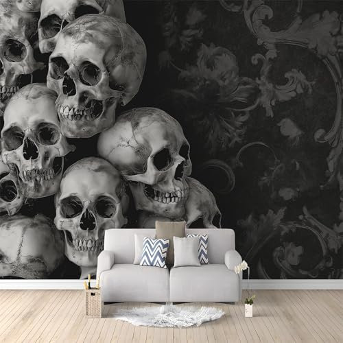 Wandbild Tapete Totenkopf grau und schwarz Gothic 350x256 cm Fototapete Vlies Wandtapete Wohnzimmer Kinderzimmer Moderne Wandbilder Wand Dekoration