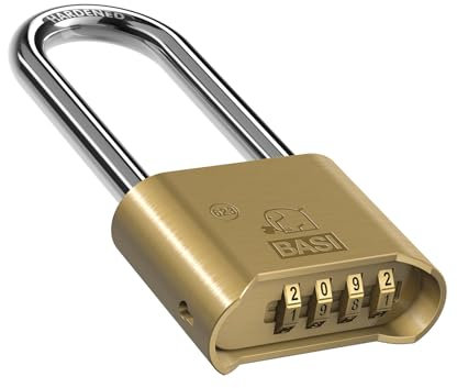BASI | Zahlenschloss aus Messing | Bügelhöhe 58 mm | Individuell einstellbarer Zahlencode mit Kodierungsschlüssel | wetterfestes Vorhangschloss | 4-stellige Zahlenkombination