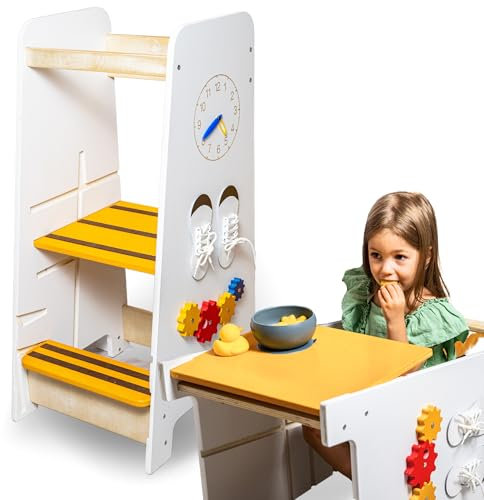 Bibibout® Tour d'observation Enfant 3en1 en Bois –Tour Montessori d'apprentissage Pliable avec Bande antidérapante, Pieds antibascule et Accessoires éducatifs –Transformable en Chaise et Table.