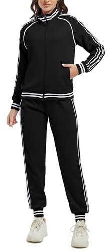 ANOTWENER Damen Trainingsanzug Set Gestreiftem Jogginganzug Sportanzug Zweiteiler Freizeitanzug mit Taschen JW-3001-XXL