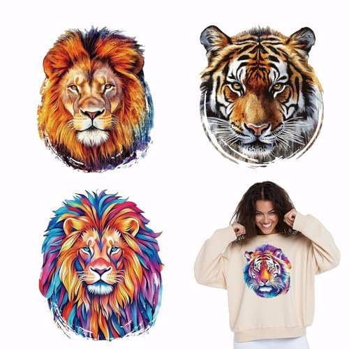 SUPERDANT 4 Stück Löwe Und Tiger Aufkleber für Wärmeübertragung Löwen Tiger Tiere Wärmeübertragung Aufkleber DIY Waschbares Bügelpapier Für Kleidung T-Shirt Jeans Rucksäcke DIY Applique