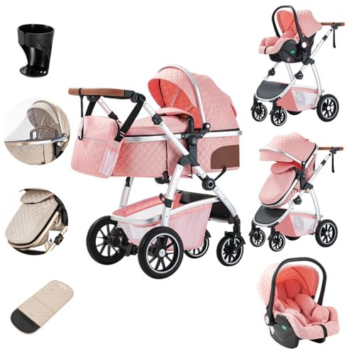 Zkiprm Poussette 3 en 1 Poussette de Ville Avec Siège D'auto Poussettes et Landaus Poussette Compacte Portative Accoudoirs réglables Protection contre les chocs Cadre en Aluminium Rose