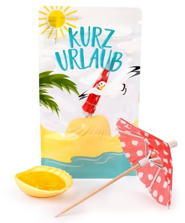 Kurzurlaub Schleckmuschel & Cocktail-Schirmchen – Süßer Urlaubsstimmung | Lustige Geschenkidee für Kollegen und Freunde, 9g Zuckerleckerei, inklusive Sonnenschirm von Liebeskummerpillen