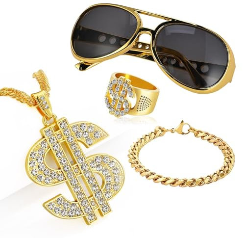 FFTANXS Set di 6 Collana Uomo Oro Con Dollari,Collana Uomo Oro Anni 70'80 anni '90,Accessori per Rapper e per Costumi da Magnaccia,per Carnevale e Feste